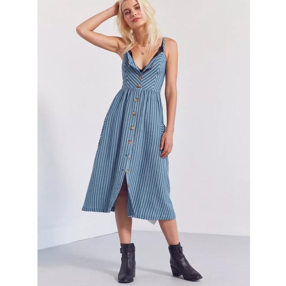 UO Cooperative Steel Blue Midi Sundress M Linen Cottagecore Lagenlook Summer